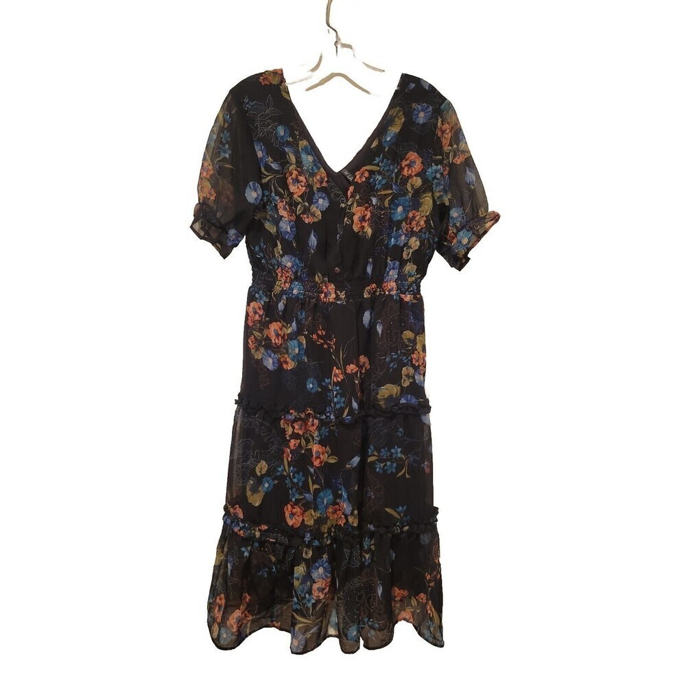 Lapis Floral Midi Dress - Black and Blue